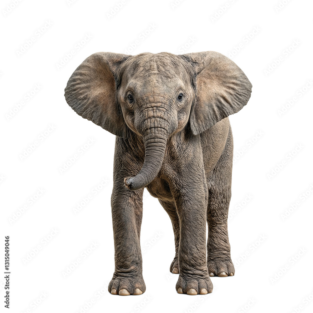 Obraz premium Adorable baby elephant with wrinkled skin flapping ears and playful trunk captured in a charming pose on a white backdrop