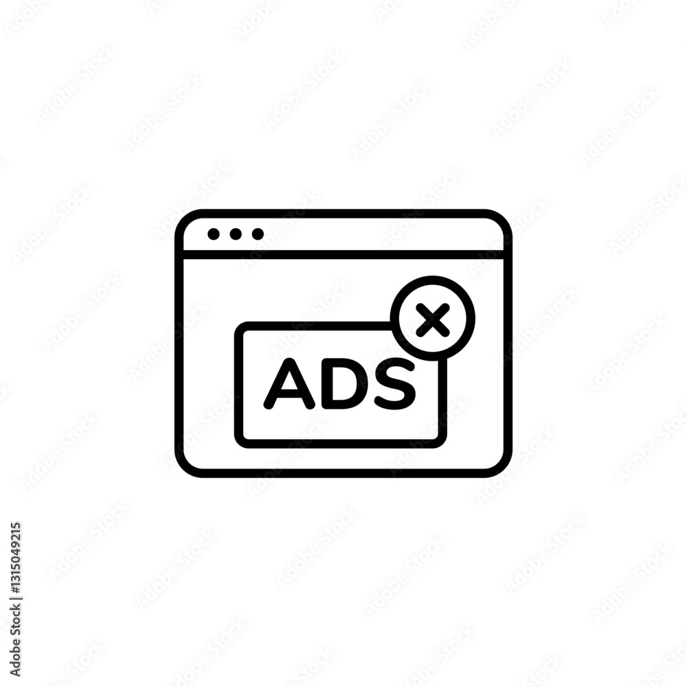 Simple black line icon of a browser window with the word ads inside a crossed circle symbol. Simple black line icon of a browser window with the word ads inside a crossed circle symbol.