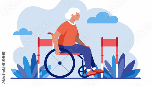 A wheelchairbound senior completing a modified obstacle course at an inclusive fitness competition for older adults.. Vector illustration
