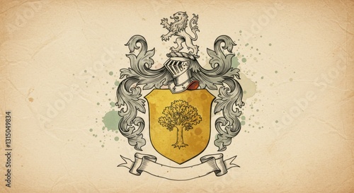 Noble Family Crest in Black Ink with Watercolor Accents