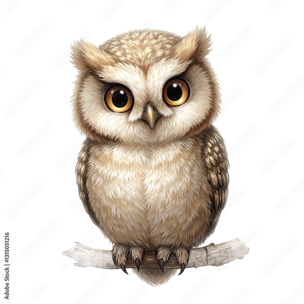 Obraz premium Adorable baby owl with large round eyes and fluffy feathers perched on a branch radiating wonder and curiosity