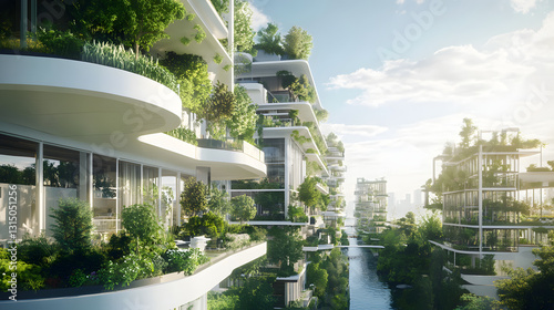 A future city where every street is lined with trees, public gardens, green rooftops, and vertical farming spaces, creating a balance between nature and technology.