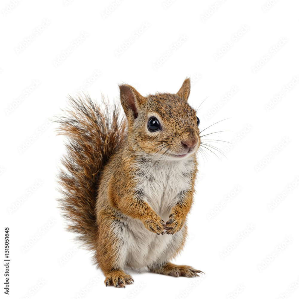Fototapeta premium Adorable baby squirrel with bushy tail and bright eyes exuding playfulness and curiosity on a clean white backdrop