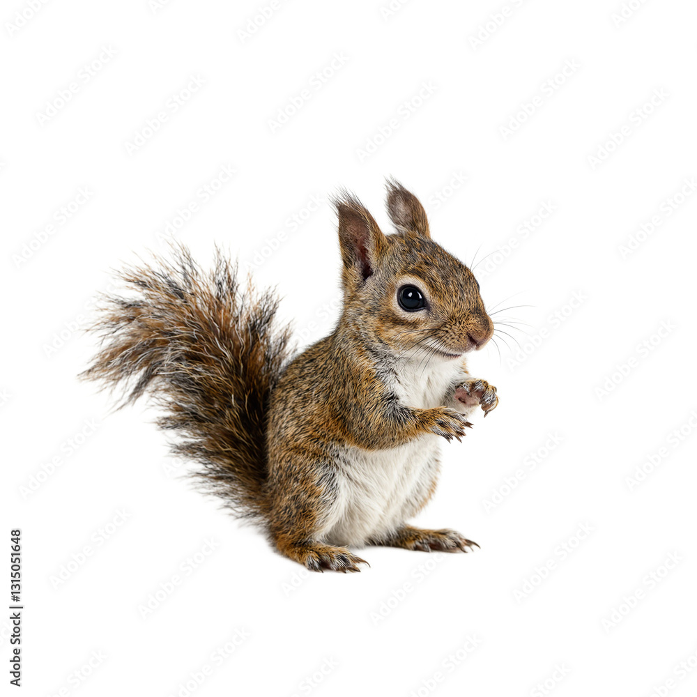 Obraz premium Adorable baby squirrel with bushy tail and bright eyes exuding playfulness and curiosity on a clean white backdrop