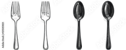 Flat icons set of cutlery: forks and spoons in linear style.