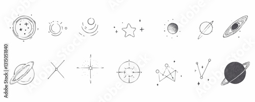 Flat linear icons set of celestial bodies and constellations in vector.