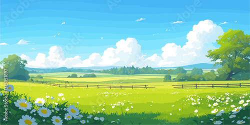 Flat vector icons set of idyllic countryside landscape with trees and blue sky.
