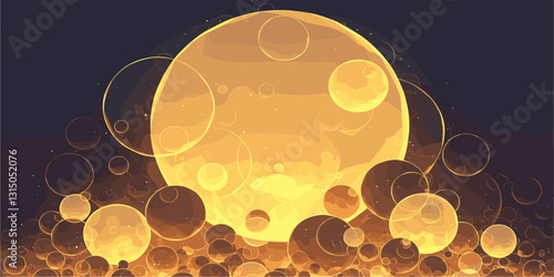 Flat abstract circular icons set with glowing spheres and bubbles.