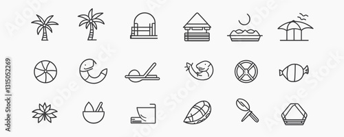 Flat linear summer beach icons set – palm trees, lounge chairs, umbrella, and sea creatures.