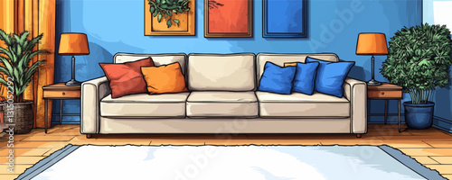 Linear flat icons set of modern living room with sofa and decor elements.