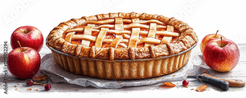 Delicious apple pie and fruit icons set in flat vector style.