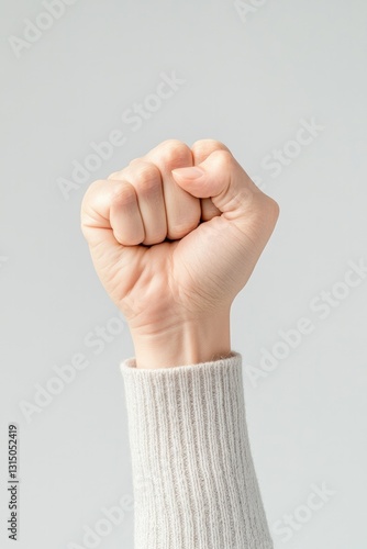 clenched fist raised in tension against plain background illustrating frustration focus is on hand knuckles taut with