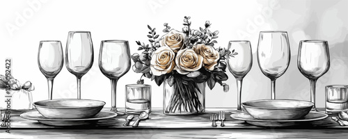 Elegant flat icon set: linear vector of dining table with glassware and floral centerpiece.