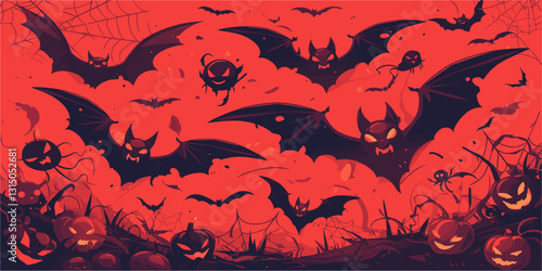 Spooky halloween flat icons set - bats, pumpkins, webs, and clouds in vector style.