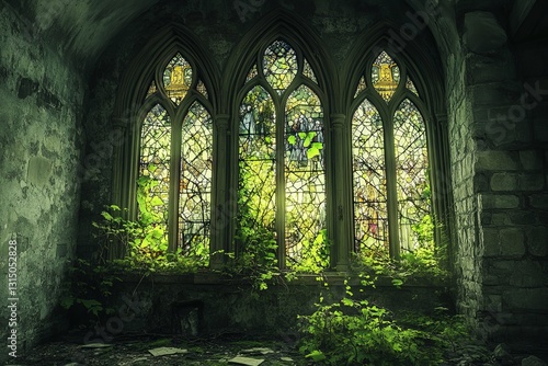 An interior view of an abandoned space featuring gothic windows. Colorful stained glass filters soft light, while greenery emerges through the cracks, creating a serene atmosphere.