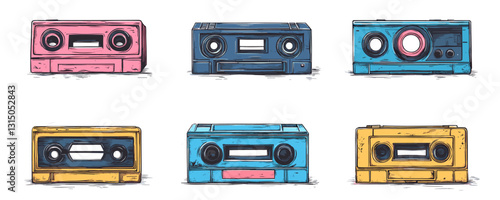 Flat linear audio cassette icons set - retro tape collection in vector style.