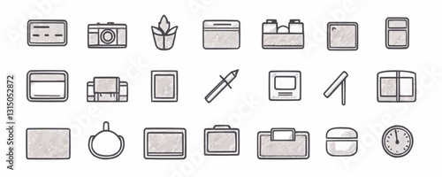 Flat linear icons set of office supplies and technology in minimalist style.