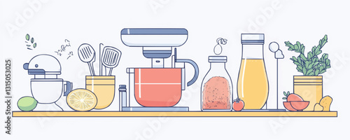 Flat kitchen appliance icons set with food ingredients in linear vector style.