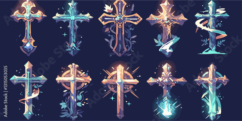 Flat icons set of ornate crosses with decorative elements in vector style.
