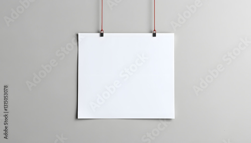 Two blank white poster hanging up with clips mockup, dramatic. with white shades