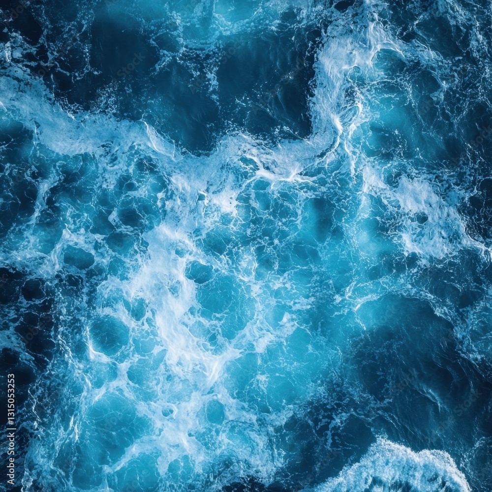 Fototapeta premium Aerial view of the turquoise ocean with white foam waves creating a mesmerizing abstract pattern and texture for a serene and calming background