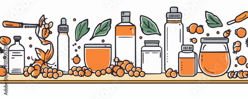 Flat linear icons set of sea buckthorn products on shelf with jars and bottles.