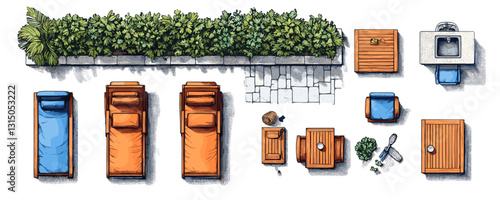 Outdoor furniture and garden vector set: flat style icons featuring lounge chairs and plants.