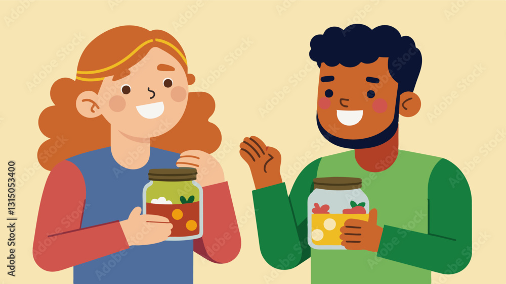 Two friends chat excitedly as they exchange jars of homemade pickles and jams eagerly tasting each others creations.. Vector illustration Two friends chat excitedly as they exchange jars of homemade pickles and jams eagerly tasting each others creations.. Vector illustration