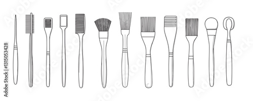 Flat linear icons set of hair styling and makeup brushes.