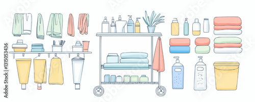 Flat bathroom essentials icons set vector - towels, toiletries, and storage.