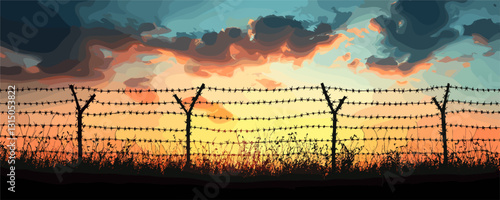 Flat barbed wire fence at sunset - vector icons set depicting tranquil sky and nature scene.