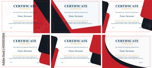 Six red-black excellence certificates, printable design, award template