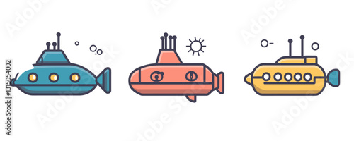 Flat submarines icons set vector in linear style with three colorful variants.