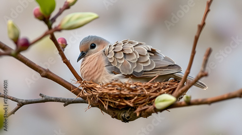 A turtledove nestling on an almond branch with its downy feathers ruffled in a gentle pose, soft focus, serene, wildlife