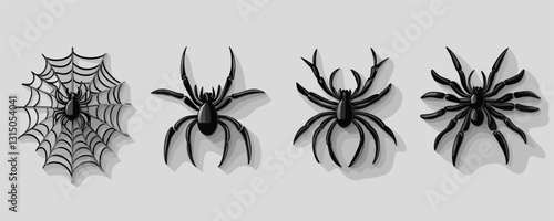 Flat style spider icons set vector - four elegant black spider designs with web.