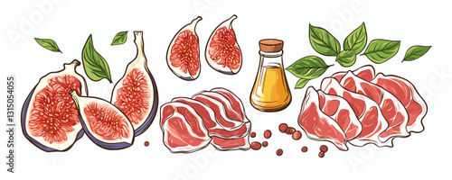 Flat icons set of prosciutto, figs, basil, and olive oil vector.