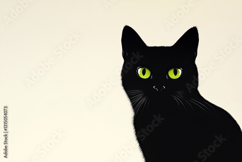 A captivating illustration of a black cat with striking green eyes set against a soft background, creating a sense of mystery and elegance. Perfect for pet lovers.