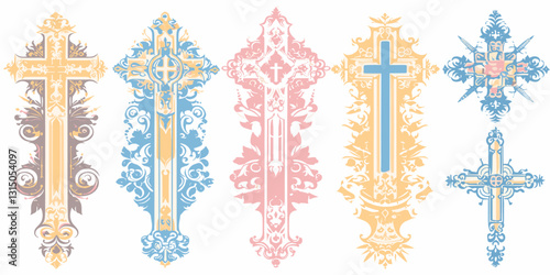 Flat linear icons set of ornate cross designs featuring intricate patterns in pastel colors.