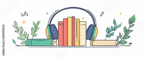 Flat linear icons set of books and headphones with music elements vector art.