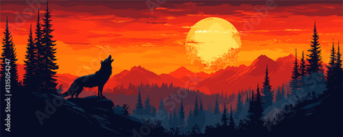 Vector flat icons set: silhouette of howling wolf in vibrant sunset mountain landscape with trees.