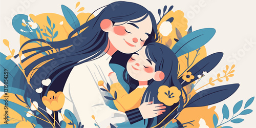 Flat icons set of family hug with nature elements, featuring mother and child in whimsical style.