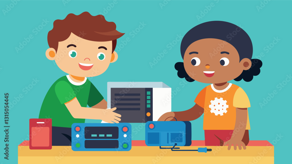 Two kids working together to put together a DIY computer kit excited to see how all the pieces come together to create a functioning machine.. Vector illustration Two kids working together to put together a DIY computer kit excited to see how all the pieces come together to create a functioning machine.. Vector illustration