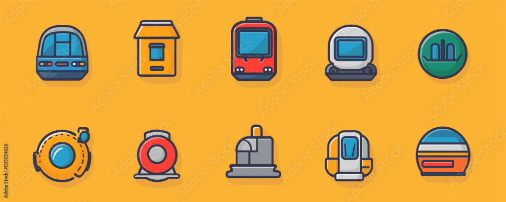 Flat transport icons set in linear style featuring various modes of public transit vehicles. Flat transport icons set in linear style featuring various modes of public transit vehicles.