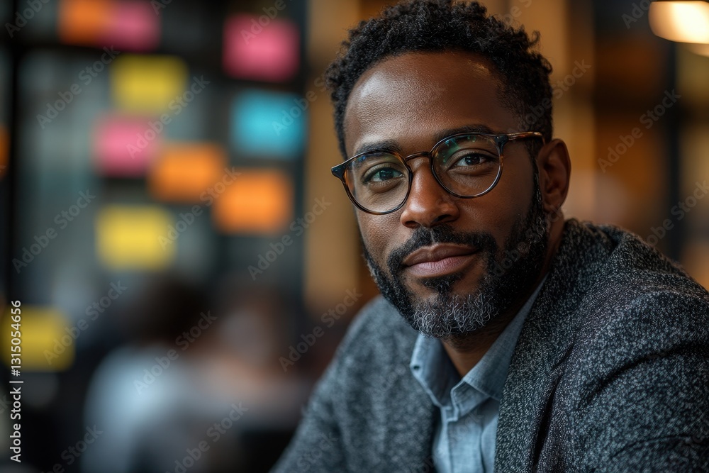 Confident man smiling in a modern workspace with colorful sticky notes on the wall during a busy afternoon Confident man smiling in a modern workspace with colorful sticky notes on the wall during a busy afternoon