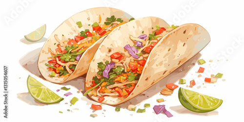 Flat icons set of mexican food: colorful tacos with vegetables and lime - vector style.