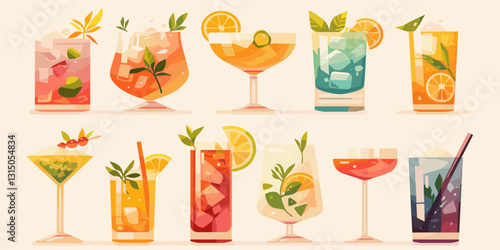 Flat style cocktail icons set with refreshing drinks and fruits, vector art.