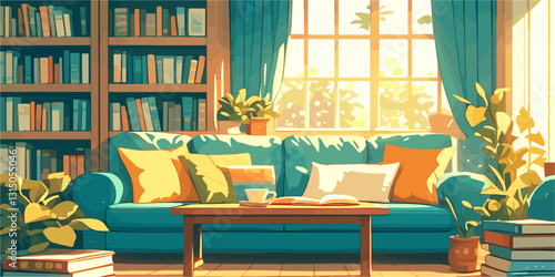 Cozy living room in flat style - vector icons set with sofa, bookshelf, plants, and sunlight.