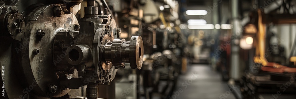 A detailed image showcasing industrial machinery focusing on metallic components in a factory setting with ambient lighting. A detailed image showcasing industrial machinery focusing on metallic components in a factory setting with ambient lighting.