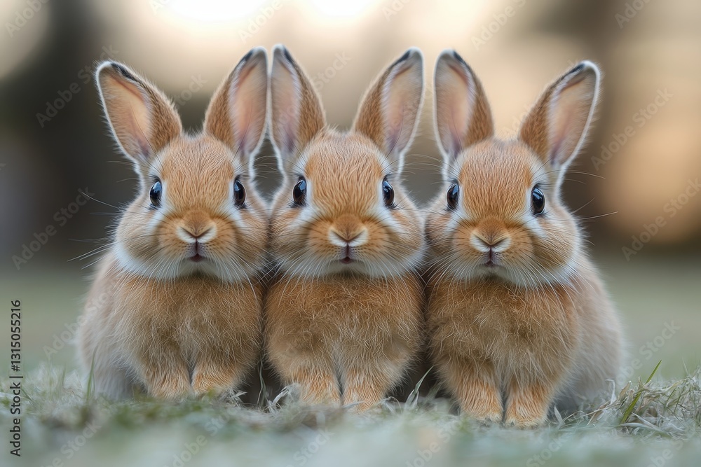 Three adorable young rabbits sit together in a grassy field during sunset creating a heartwarming sight Three adorable young rabbits sit together in a grassy field during sunset creating a heartwarming sight