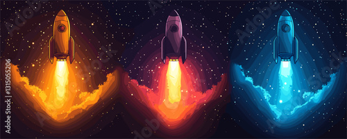 Flat linear icons set of colorful rocket designs in space with starry background.